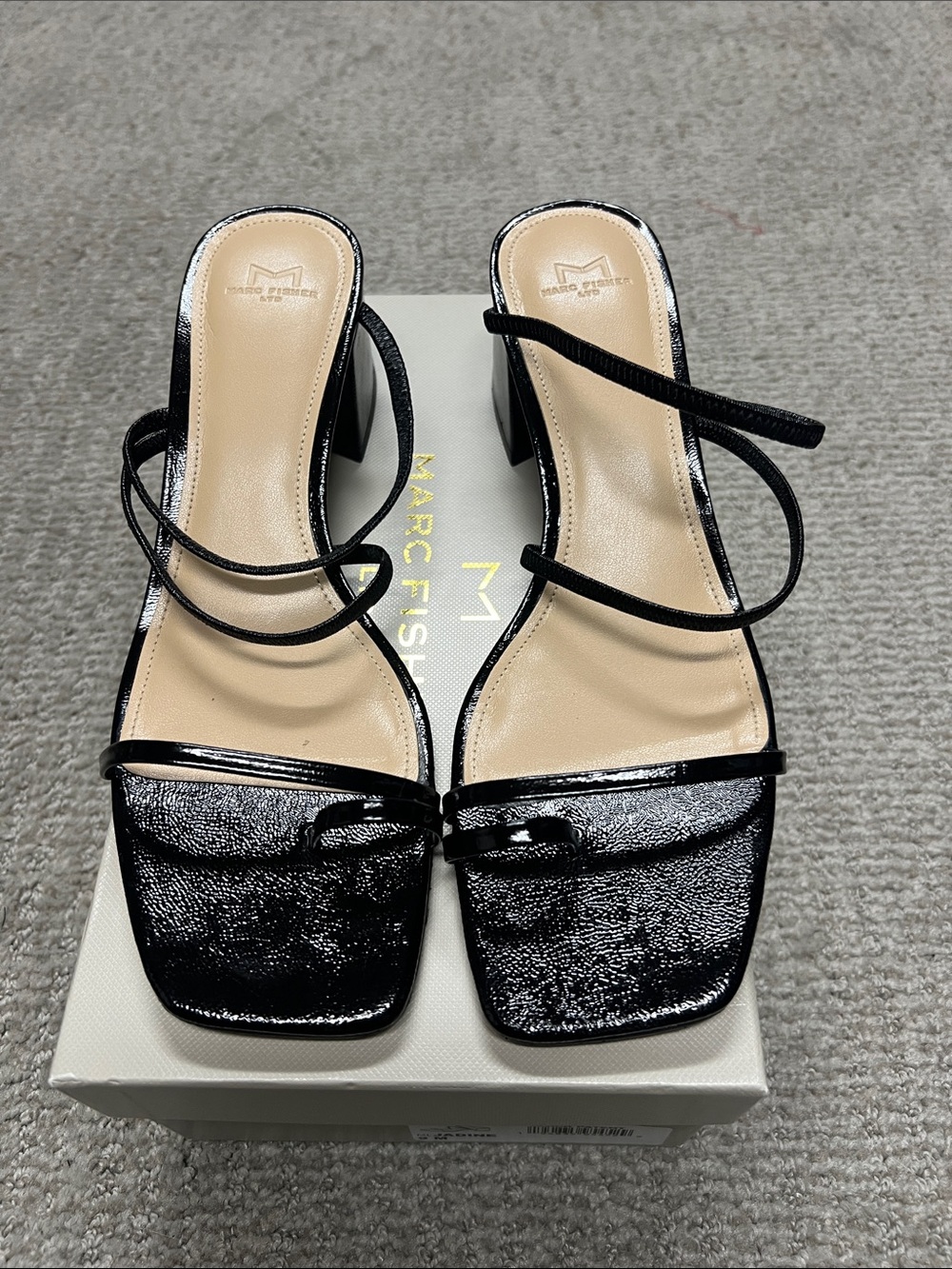 Marc Fisher Black Patent Square-Toe Strappy Block Heel Sandals